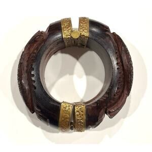 Vintage Hand Carved Wood Fish Design Brass Hinged Bangle Bracelet
